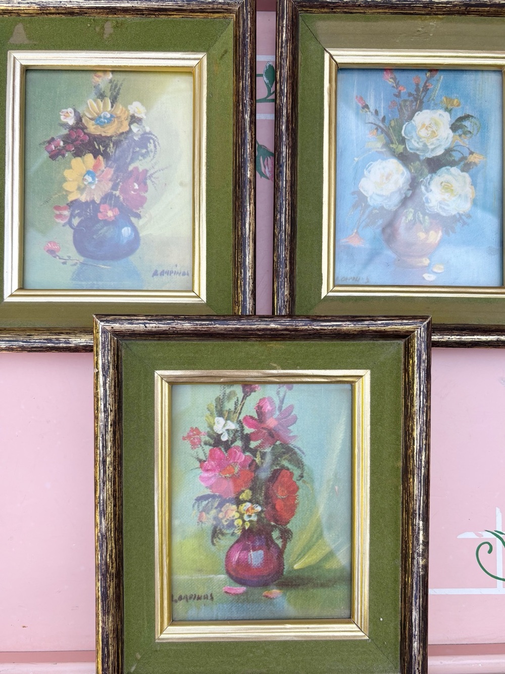 Vintage Floral Flower Still Life Art Framed Green Gold  5.75"x6.75" Set Of 3